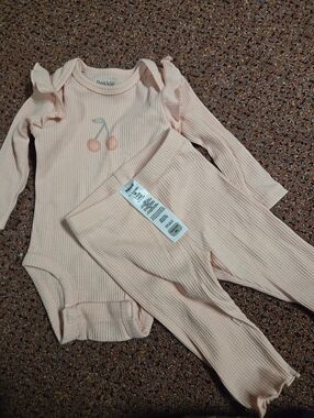 Pink Ribbed Baby Two-Piece Set with Cherry Motif